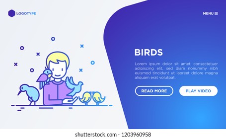 Ornithologist with different types of birds concept. Vector illustration, web page template on gradient background.