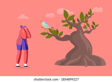 Ornithologist Female Character with Binoculars Watching Bird on Tree, Birdwatching Hobby, Outdoor Activity, Explore Nature. Volunteer Observing Flying Bird, Wildlife Study. Cartoon Vector Illustration