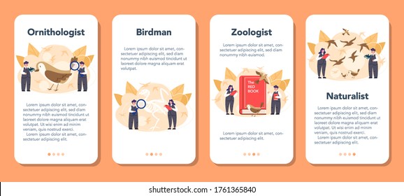 Ornithologist mobile application banner set. Professional scientist study birds. Zoologist research, naturalist working with bird. Isolated vector illustration