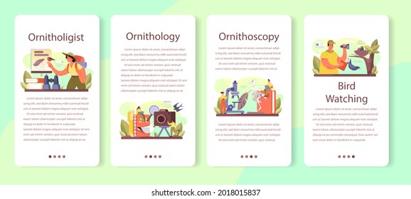 Ornithologist mobile application banner set. Professional scientist study birds. Zoologist research, naturalist working with bird. Isolated vector illustration