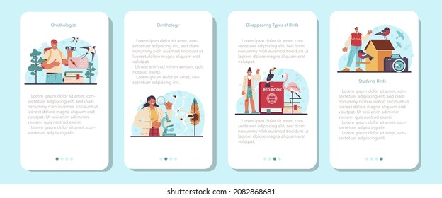 Ornithologist mobile application banner set. Professional scientist studying birds species, behavior and living areas. Zoologist research, naturalist observing birds. Isolated vector illustration