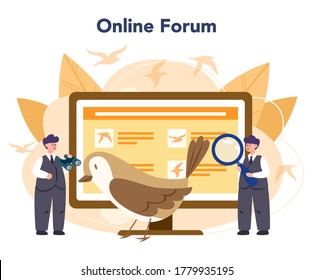 Ornithologist online service or platform. Professional scientist study birds. Online forum. Isolated vector illustration