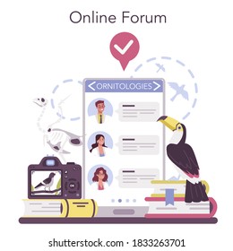 Ornithologist online service or platform. Professional scientist study birds. Zoologist researching bird. Online forum. Isolated vector illustration