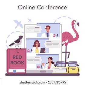 Ornithologist online service or platform. Professional scientist study birds. Zoologist researching bird. Online conference. Isolated vector illustration