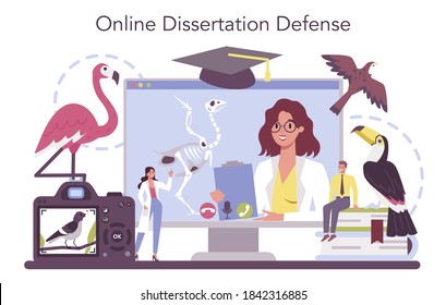 Ornithologist online service or platform. Professional scientist study birds. Zoologist researching bird. Online dessertation defense. Isolated vector illustration