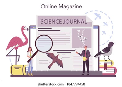 Ornithologist online service or platform. Professional scientist study birds. Zoologist researching bird. Online magazine. Isolated vector illustration