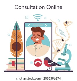 Ornithologist online service or platform. Professional scientist studying birds species, behavior and living areas. Online consultation. Flat vector illustration