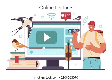 Ornithologist online service or platform. Professional scientist studying birds species, behavior and living areas. Online lecture. Flat vector illustration