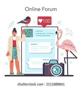 Ornithologist online service or platform. Professional scientist studying birds species, behavior and living areas. Online forum. Flat vector illustration