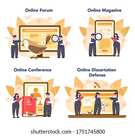 Ornithologe Online-Service oder Plattform-Set. Professioneller Wissenschaftler studiert Vögel. Online-Forum, Magazin, Dessertation Verteidigung und Konferenz. Einzelne Vektorgrafik