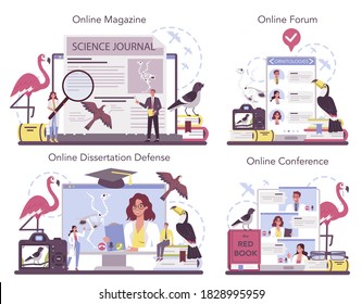 Ornithologist online service or platform set. Professional scientist study birds. Zoologist researching bird. Online forum, magazine, conference, dessertation defense. Isolated vector illustration