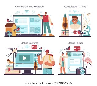 Ornithologist online service or platform set. Professional scientist studying birds species, behavior and living areas. Online consultation, forum, lecture, research. Flat vector illustration