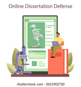 Ornithologist online service or platform. Zoologist research studying birds, naturalist working with bird. Online dissertation defense. Flat vector illustration