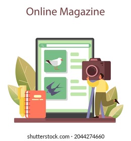 Ornithologist online service or platform. Zoologist research studying birds, naturalist working with bird. Online magazine. Flat vector illustration