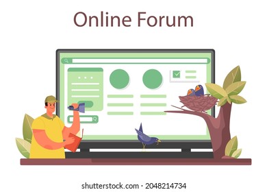 Ornithologist online service or platform. Zoologist research studying birds, naturalist working with bird. Online forum. Flat vector illustration