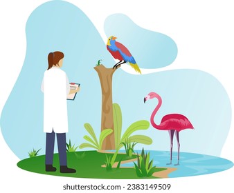 an ornithologist researching species of water bird and land bird vector illustration, zoologist and bird, animal scientist and experiment concept, science and education