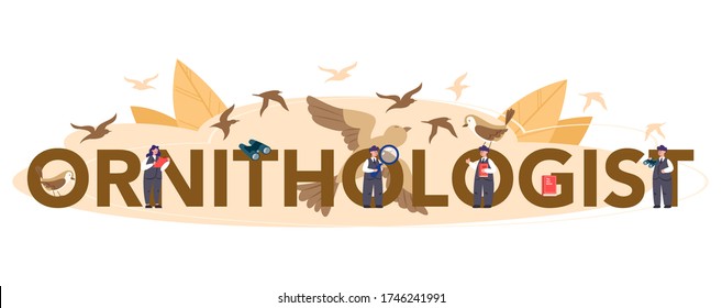 Ornithologist typographic header concept. Professional scientist study birds. Zoologist research, naturalist working with bird. Isolated vector illustration