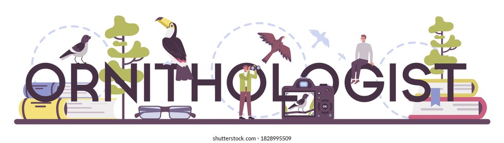 Ornithologist typographic header. Professional scientist study birds. Zoologist research, naturalist working with bird. Isolated vector illustration