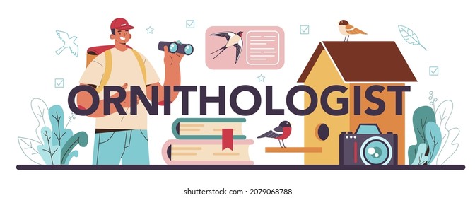 Ornithologist typographic header. Professional scientist studying birds species, behavior and living areas. Zoologist research, naturalist observing birds. Isolated vector illustration