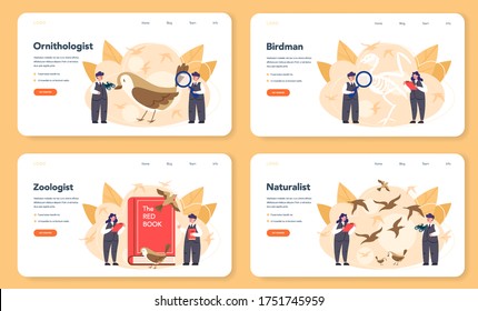 Ornithologist web banner or landing page set. Professional scientist study birds. Zoologist research, naturalist working with bird. Isolated vector illustration