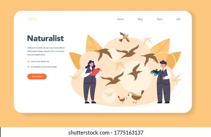 Ornithologist web banner or landing page. Professional scientist study birds. Zoologist research, naturalist working with bird. Isolated vector illustration