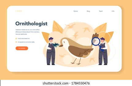 Ornithologist web banner or landing page. Professional scientist study birds. Zoologist research, naturalist working with bird. Isolated vector illustration