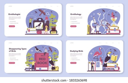 Ornithologist web banner or landing page set. Professional scientist study birds. Zoologist research, naturalist working with bird. Isolated vector illustration