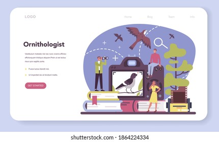 Ornithologist web banner or landing page. Professional scientist study birds. Zoologist research, naturalist working with bird. Isolated vector illustration