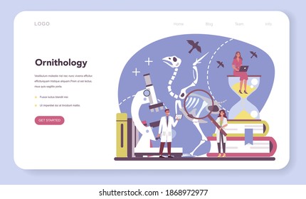 Ornithologist web banner or landing page. Professional scientist study birds. Zoologist research, naturalist working with bird. Isolated vector illustration