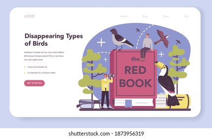 Ornithologist web banner or landing page.. Professional scientist studying endangered species of birds. Zoologist research, naturalist working with bird. Isolated vector illustration