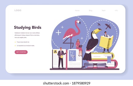 Ornithologist web banner or landing page. Professional scientist study birds. Zoologist research, naturalist working with bird. Isolated vector illustration