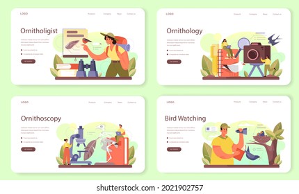 Ornithologist web banner or landing page set. Professional scientist study birds. Zoologist research, naturalist working with bird. Isolated vector illustration