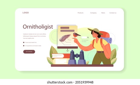 Ornithologist web banner or landing page. Professional scientist study birds. Zoologist research, naturalist working with bird. Isolated vector illustration