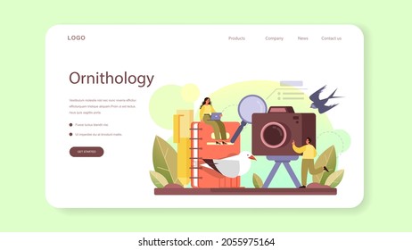 Ornithologist web banner or landing page. Professional scientist study birds. Zoologist research, naturalist working with bird. Isolated vector illustration