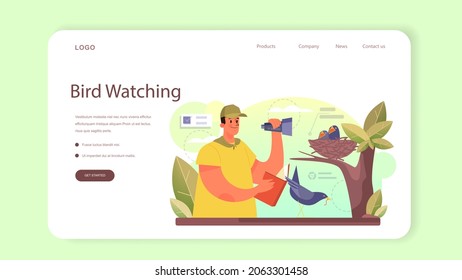 Ornithologist web banner or landing page. Professional scientist study birds. Zoologist research, naturalist working with bird. Isolated vector illustration