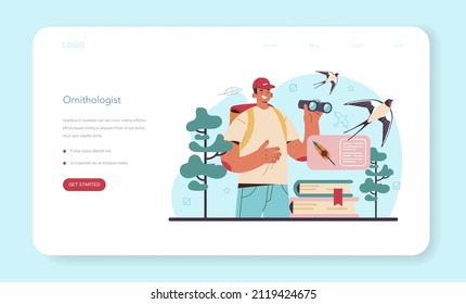 Ornithologist web banner or landing page. Professional scientist studying birds species, behavior and living areas. Zoologist research, naturalist observing birds. Isolated vector illustration