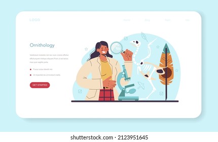 Ornithologist web banner or landing page. Professional scientist studying birds species, behavior and living areas. Zoologist research, naturalist observing birds. Isolated vector illustration