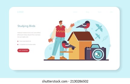 Ornithologist web banner or landing page. Professional scientist studying birds species, behavior and living areas. Zoologist research, naturalist observing birds. Isolated vector illustration