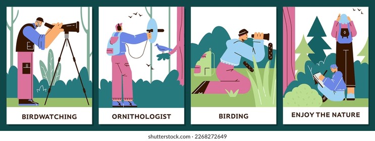 Ornithology and bird watching activity posters collection, flat cartoon vector illustration. Scientific study of birds in natural habitat concept of posters or banners.