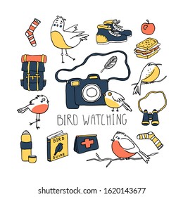 Ornithology concept. Bird watching icons, elements. Vector illustration with birdwatcher equipment and cute birds. Guide, camera, backpack, snack, boots, first aid kit, bird binocular