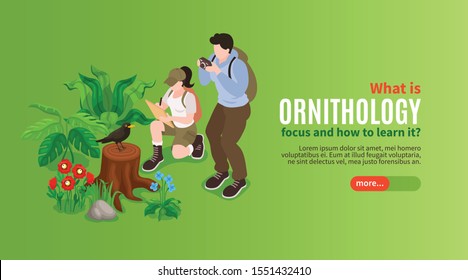 Ornithology horizontal isometric landing page web banner with birds study in their natural habitats fieldwork vector illustration 