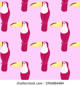 Ornithology seamless pattern with bright pink toucan bird ornament. Light background. Nature wildlife print. Flat vector print for textile, fabric, giftwrap, wallpapers. Endless illustration.