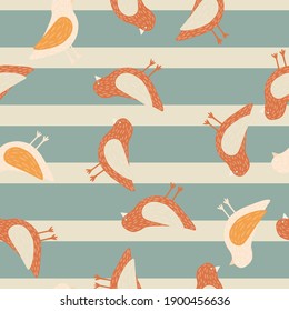 Ornithology seamless pattern with doodle orange random birds shapes. Blue striped background. Vector illustration for seasonal textile prints, fabric, banners, backdrops and wallpapers.