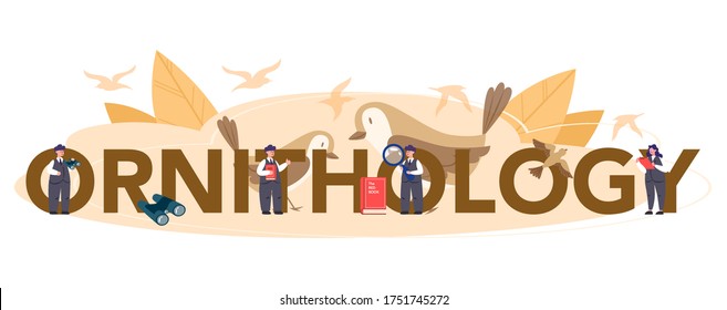 Ornithology typographic header concept. Professional scientist study birds. Zoologist research, naturalist working with bird. Isolated vector illustration