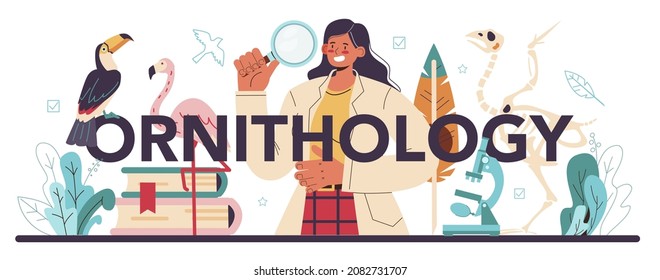 Ornithology typographic header. Professional scientist studying birds species, behavior and living areas. Zoologist research, naturalist observing birds. Isolated vector illustration