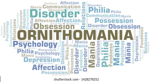 Ornithomania word cloud. Type of mania, made with text only.