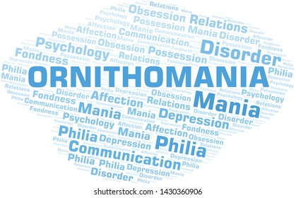 Ornithomania word cloud. Type of mania, made with text only.
