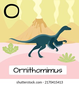 Ornithomimus dinosaur. Letter O. Children's alphabet education. Vector illustration of a prehistoric dinosaur.
