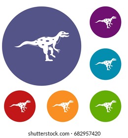Ornithopod dinosaur icons set in flat circle red, blue and green color for web