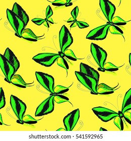 Ornithoptera paradisea, butterfly wings of a bird seamless pattern on yellow. vector illustration
